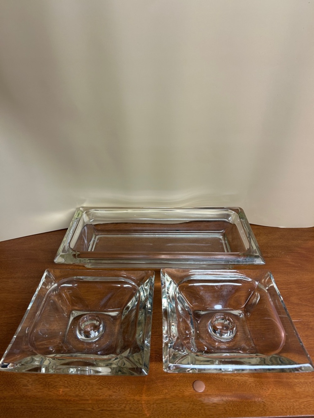 Vintage Heavy Clear Glass Tray and Two candle holder